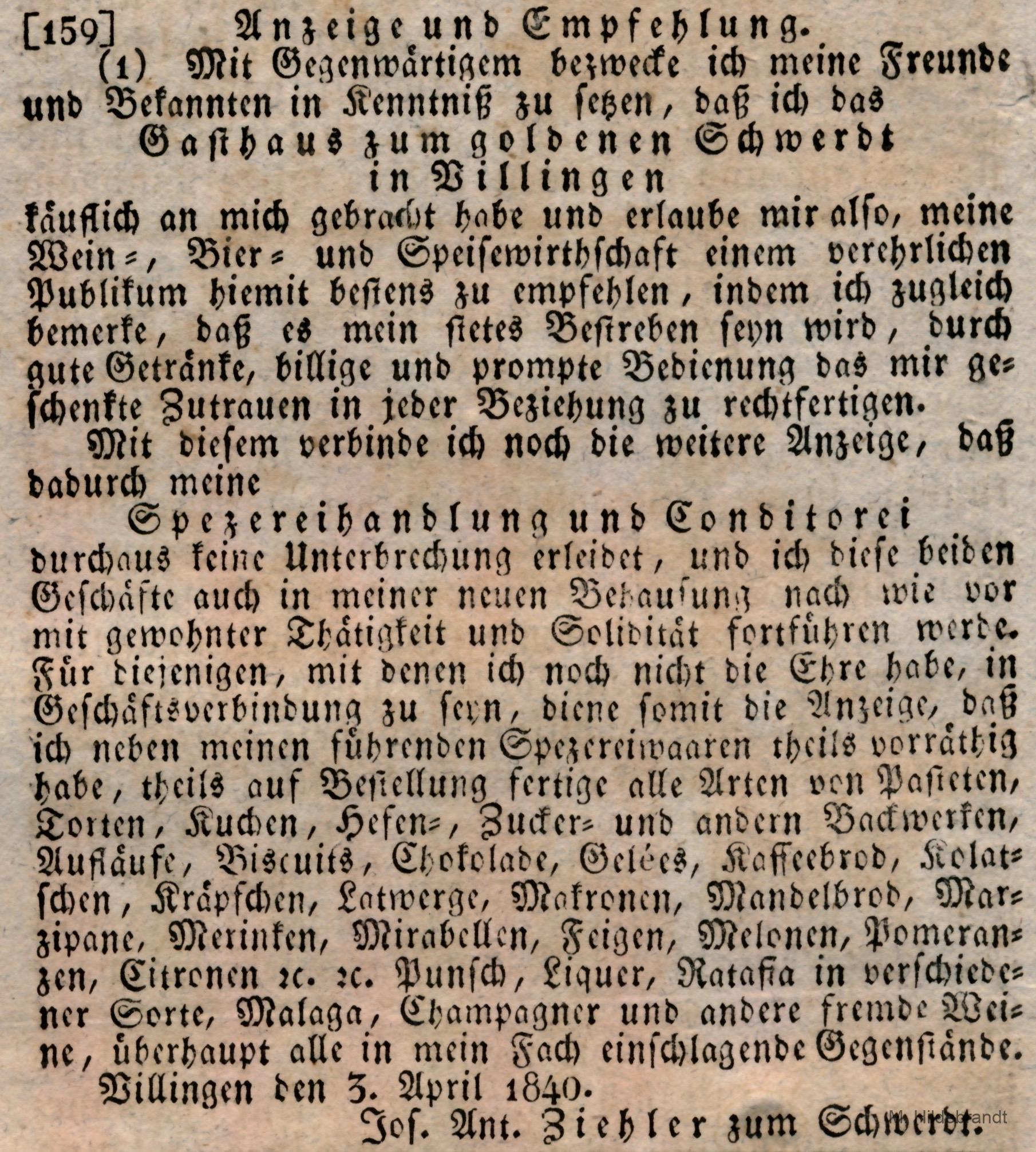 Villingen Wochenblatt 1840. Verzeichnis der im Monat Januar, April und